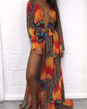 Euramerican V Neck Long Sleeves Printed Orange Polyester Cover-Ups (With Belt)