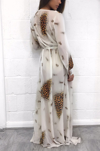 Euramerican V Neck Long Sleeves Printed White Polyester Cover-Ups (With Belt)