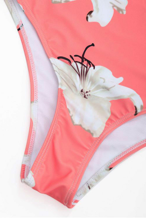  Sexy Floral Printed Pink Polyester One-piece Swimwear