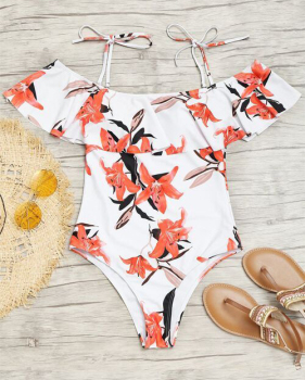  Sexy Floral Printed White Polyester Teddy Swimwear