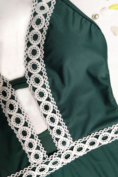  Sexy Lace Spliced Green Nylon One-piece Swimwear