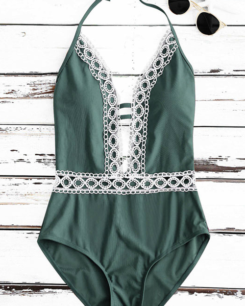 Sexy Lace Spliced Green Nylon One-piece Swimwear Sexy Lace Spliced Green Nylon One-piece Swimwear