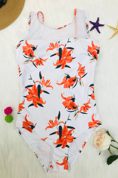  Sexy Round Neck Backless Floral Printed White Polyester One-piece Swimwear