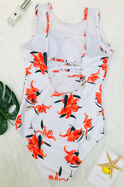  Sexy Round Neck Backless Floral Printed White Polyester One-piece Swimwear