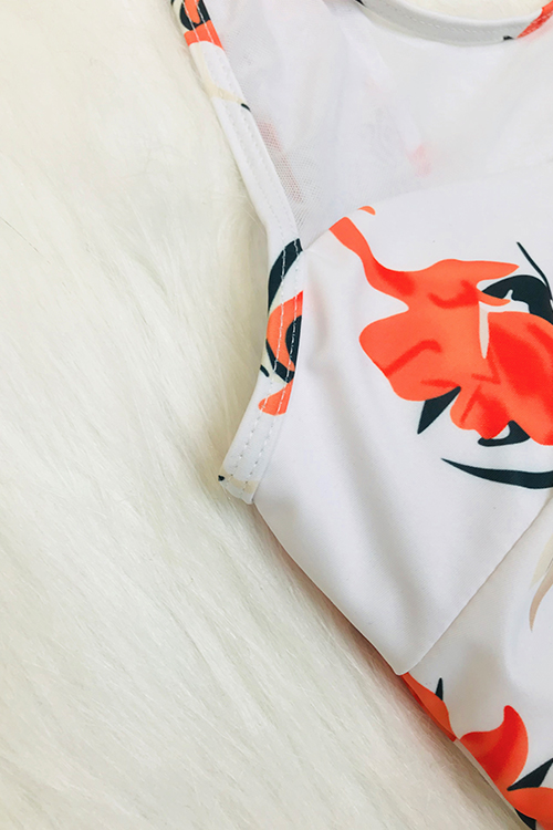  Sexy Round Neck Backless Floral Printed White Polyester One-piece Swimwear