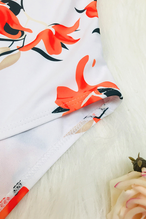  Sexy Round Neck Backless Floral Printed White Polyester One-piece Swimwear