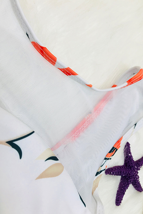  Sexy Round Neck Backless Floral Printed White Polyester One-piece Swimwear