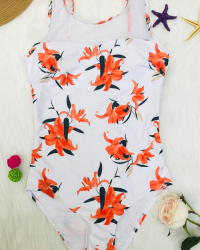  Sexy Round Neck Backless Floral Printed White Polyester One-piece Swimwear