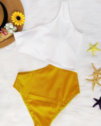  Sexy Show A Shoulder Patchwork Yellow Nylon One-piece Swimwear
