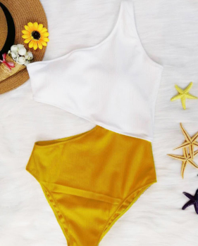  Sexy Show A Shoulder Patchwork Yellow Nylon One-piece Swimwear