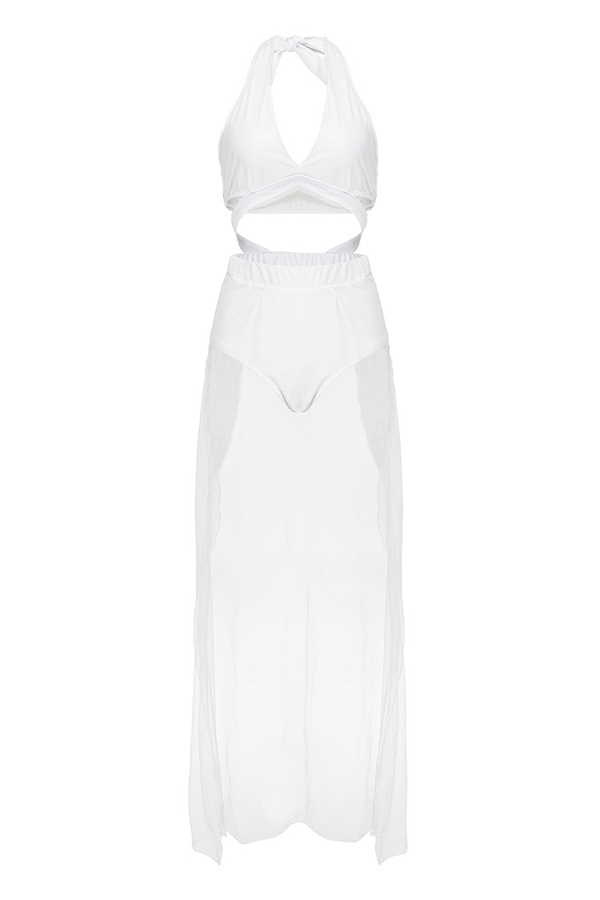  Sexy V Neck Hollow-out White Polyester+Spandex One-piece Swimwear