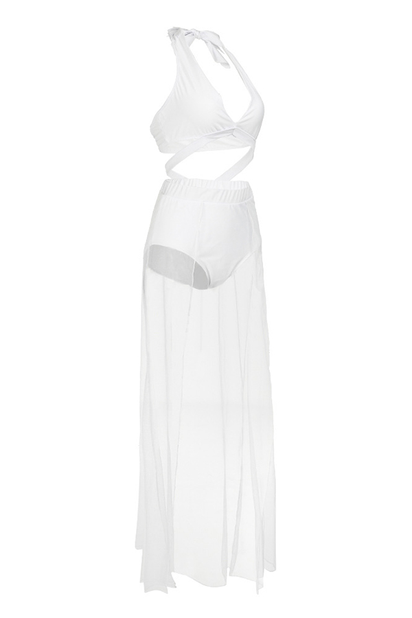  Sexy V Neck Hollow-out White Polyester+Spandex One-piece Swimwear