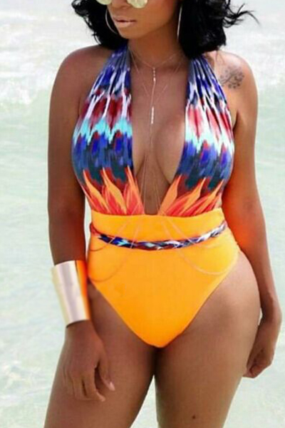 Euramerican Deep V Neck Printed Patchwork One-piece Swimwear