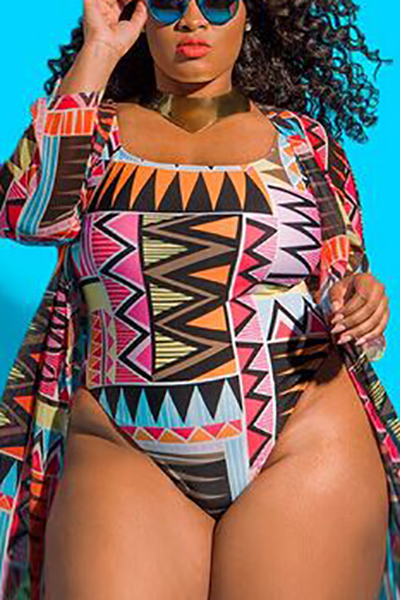 Euramerican Geometric Printed Yellow Polyester One-piece Swimwear