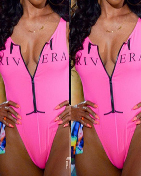 Euramerican Letters Printed Pink Milk Fiber One-piece Swimwear