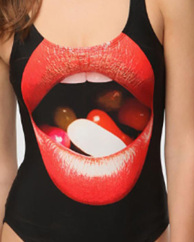 Leisure Lip Printed Black Polyester One-piece Swimwear