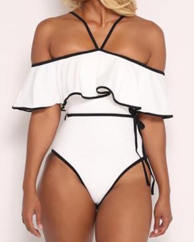 Sexy Dew Shoulder Falbala Design White Polyester One-piece Swimwear