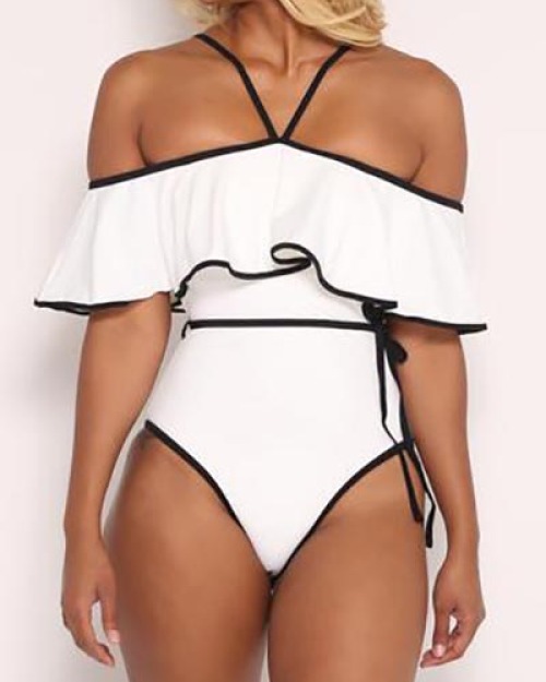 Sexy Dew Shoulder Falbala Design White Polyester One-piece Swimwear Sexy Dew Shoulder Falbala Design White Polyester One-piece Swimwear