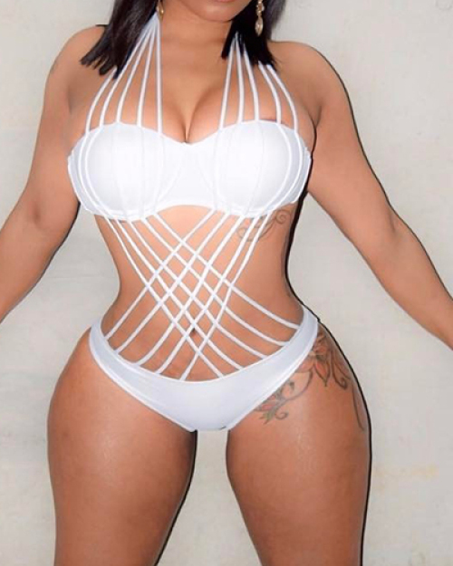 Sexy Halter Neck Hollow-out White Ployester One-piece Swimwear Sexy Halter Neck Hollow-out White Ployester One-piece Swimwear