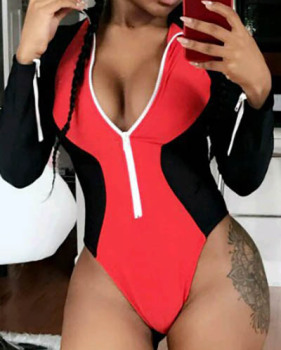 Sexy Patchwork Zipper Design Red Polyester One-piece Swimwear