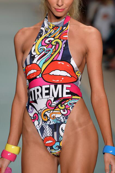 Sexy Round Neck Big Red Lips Printed Polyester One-piece Swimwear
