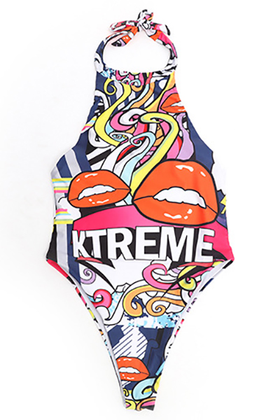 Sexy Round Neck Big Red Lips Printed Polyester One-piece Swimwear