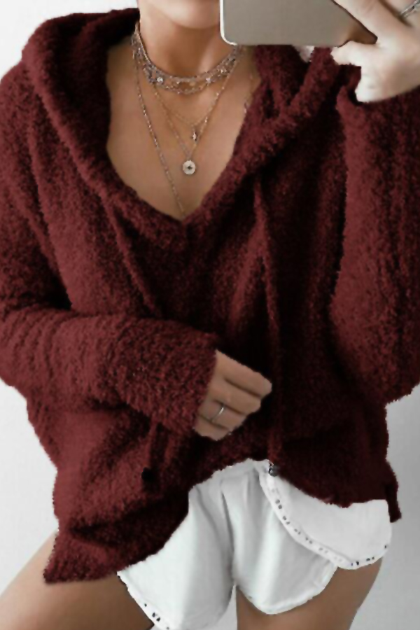  Euramerican Hooded Collar Long Sleeves Wine Red Cotton Shirts