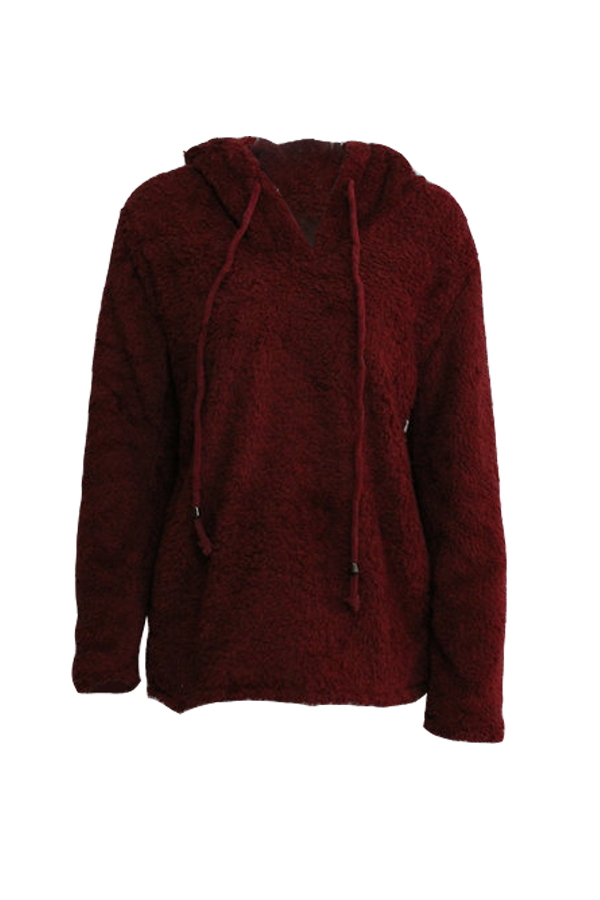  Euramerican Hooded Collar Long Sleeves Wine Red Cotton Shirts