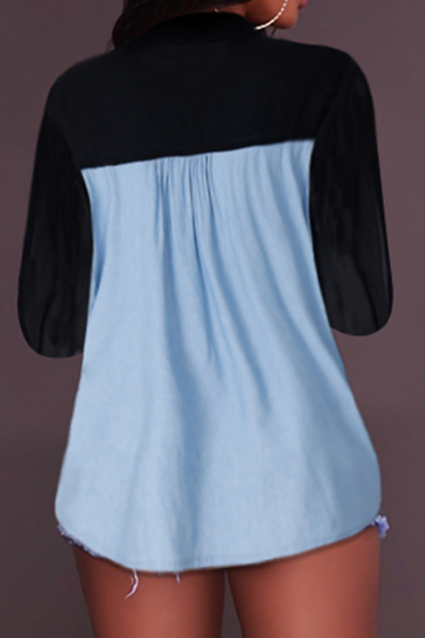  Euramerican Mandarin Collar Patchwork Blue Cotton Shirts