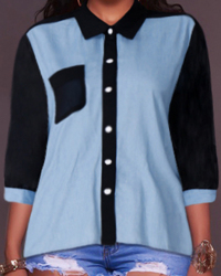  Euramerican Mandarin Collar Patchwork Blue Cotton Shirts