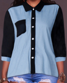  Euramerican Mandarin Collar Patchwork Blue Cotton Shirts
