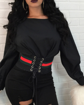  Euramerican Round Neck Bandage Printed Patchwork Black Cotton Shirts