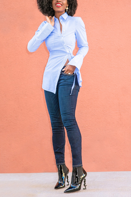  Euramerican Turndown Collar Long Sleeves Striped Blue Polyester Shirts