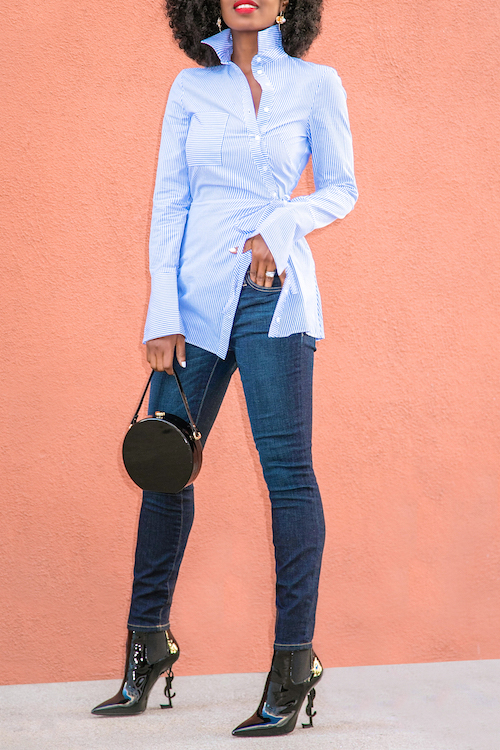  Euramerican Turndown Collar Long Sleeves Striped Blue Polyester Shirts