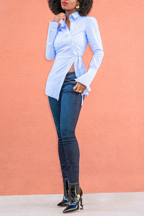  Euramerican Turndown Collar Long Sleeves Striped Blue Polyester Shirts