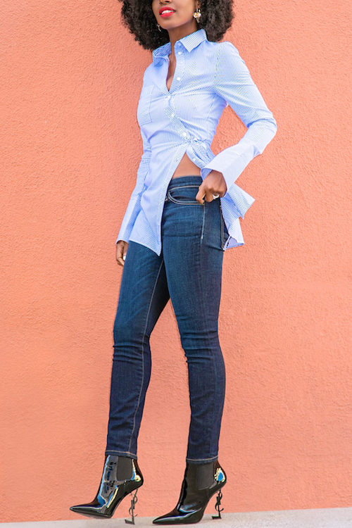  Euramerican Turndown Collar Long Sleeves Striped Blue Polyester Shirts