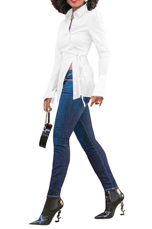  Euramerican Turndown Collar Long Sleeves White Polyester Shirts