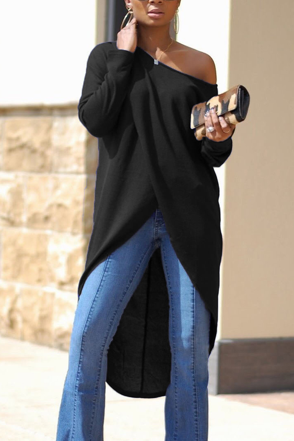  Leisure Dew Shoulder Long Sleeves Asymmetrical Black Cotton Shirts