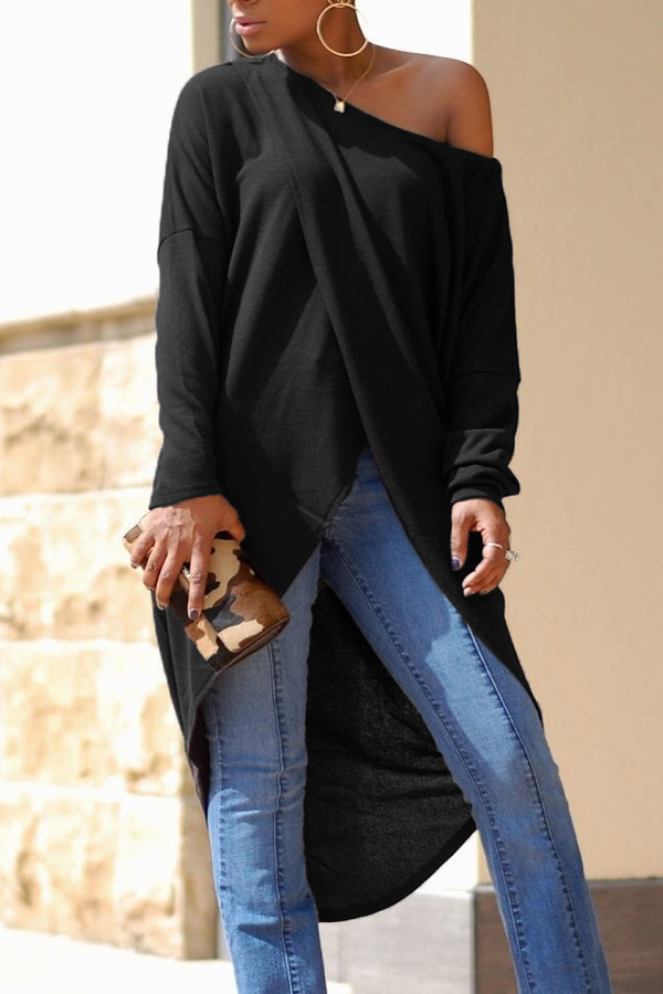  Leisure Dew Shoulder Long Sleeves Asymmetrical Black Cotton Shirts