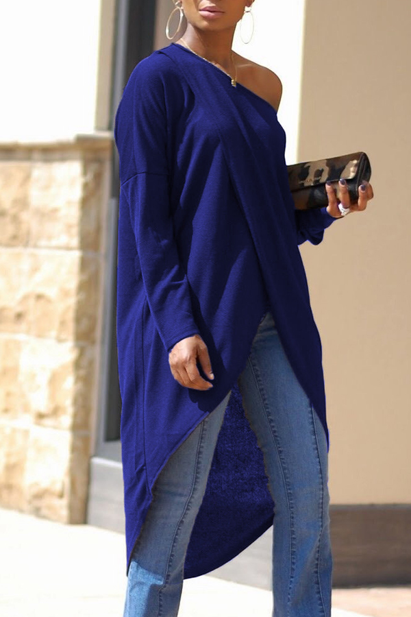  Leisure Dew Shoulder Long Sleeves Asymmetrical Navy Blue Cotton Shirts