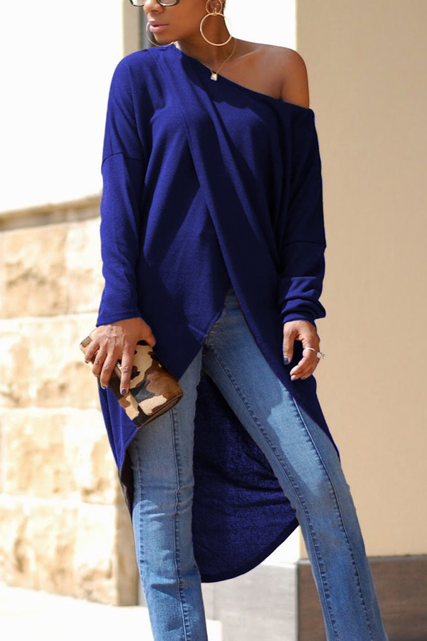  Leisure Dew Shoulder Long Sleeves Asymmetrical Navy Blue Cotton Shirts