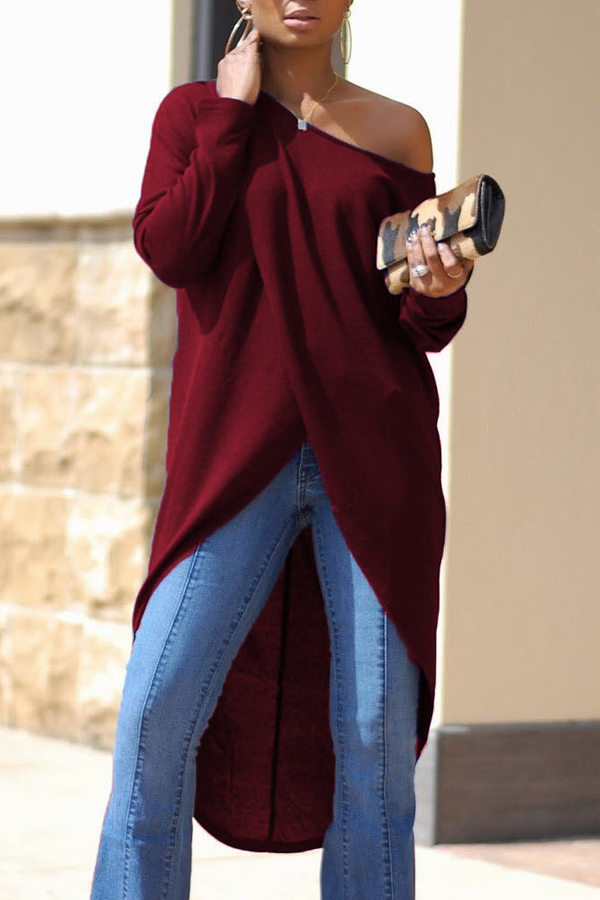  Leisure Dew Shoulder Long Sleeves Asymmetrical Wine Red Cotton Shirts