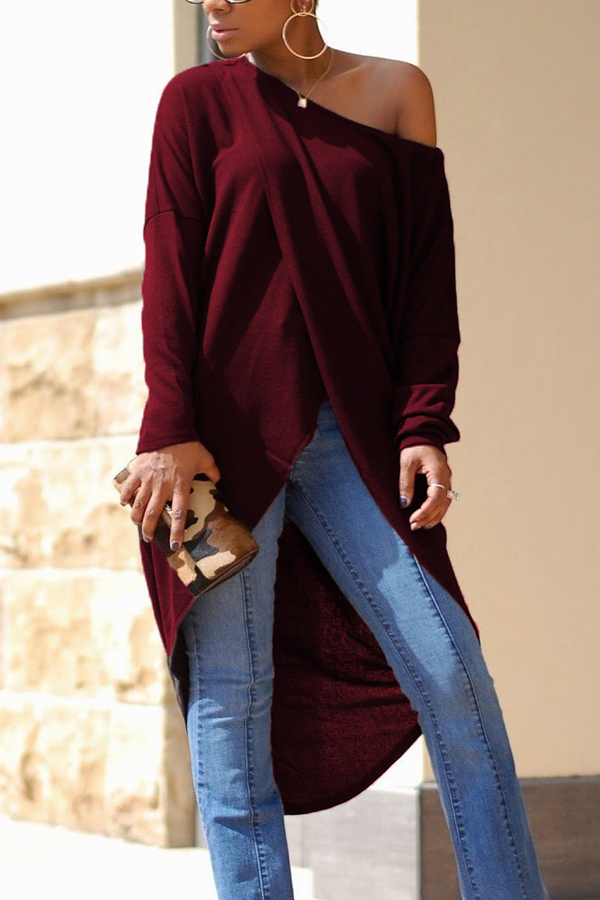  Leisure Dew Shoulder Long Sleeves Asymmetrical Wine Red Cotton Shirts