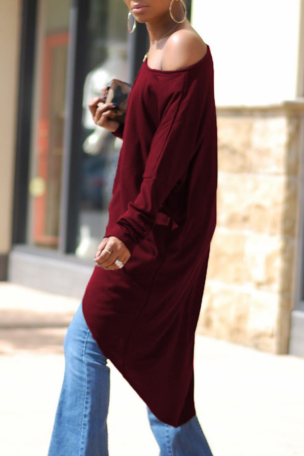  Leisure Dew Shoulder Long Sleeves Asymmetrical Wine Red Cotton Shirts
