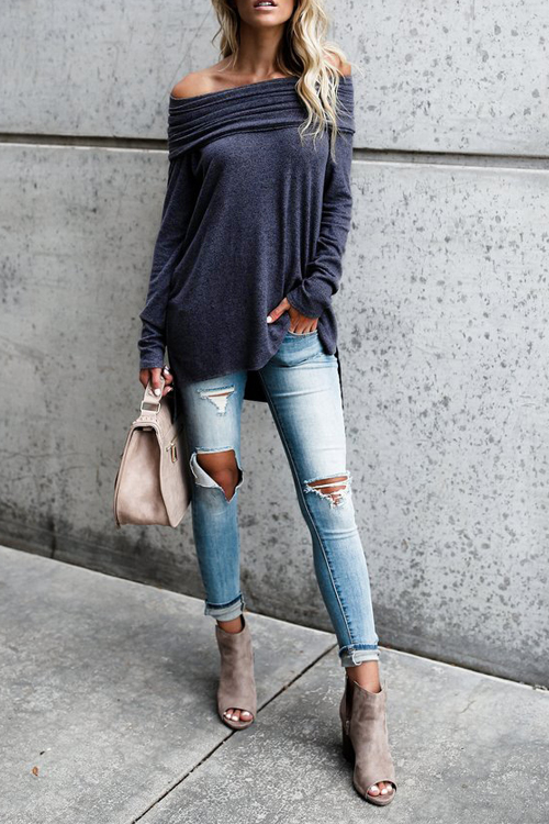  Leisure Dew Shoulder Purple Cotton Shirts