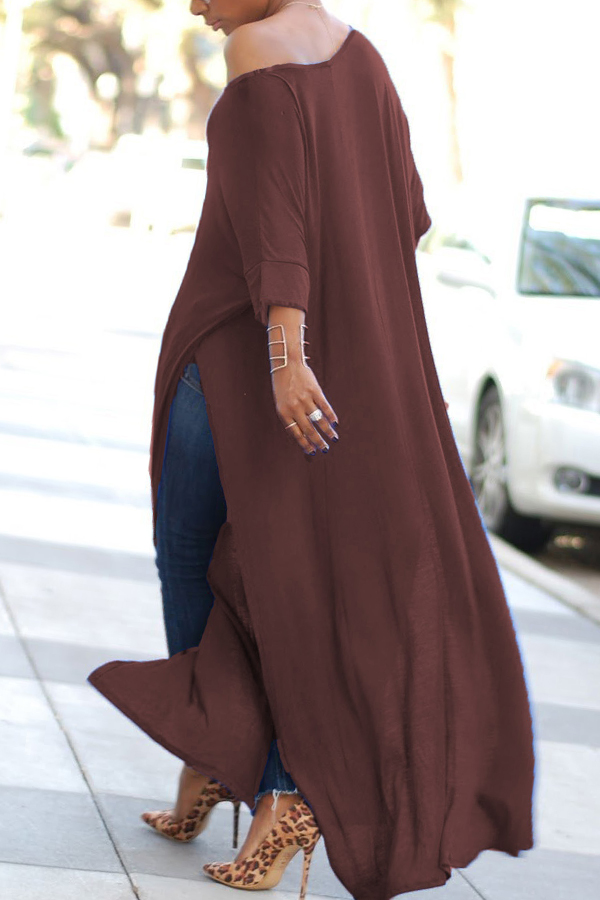  Leisure Round Neck High Split Coffee Cotton Shirts