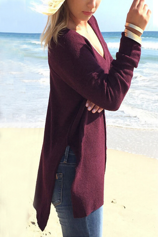  Polyester V Neck Long Sleeve Solid Blouses&Shirts