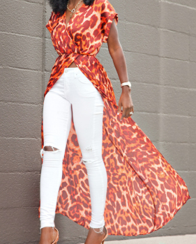  Pullovers Chiffon V Neck Short Sleeve Print Blouses&Shirts