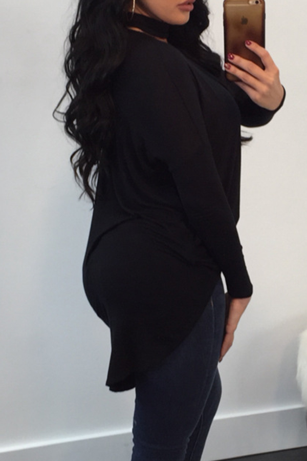  Sexy Deep V Neck Asymmetrical Black Cotton Blouses