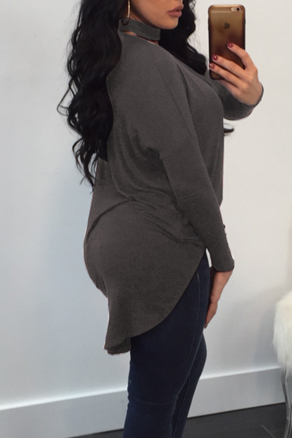  Sexy Deep V Neck Asymmetrical Grey Cotton Blouses